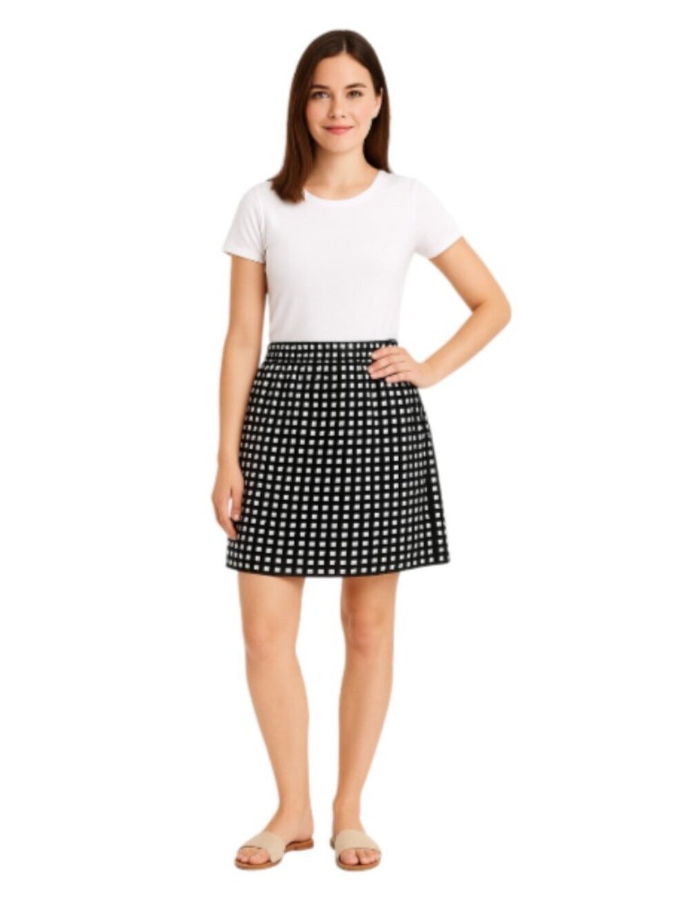 Ann Taylor Loft Medium Cotton Mini Skirt Elastic Waist Black Ivory Eyelet Flirty